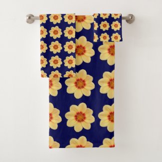 Yellow Dahlia on Blue Floral Pattern Bath Towel Set