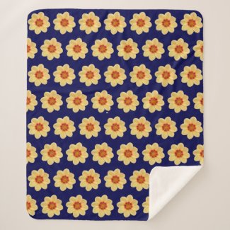 Yellow Dahlia on Blue Floral Pattern Sherpa Blanket