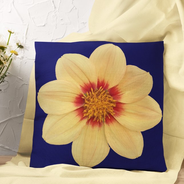 Yellow Dahlia on Blue Floral Throw Pillow (In Situ Fabric)