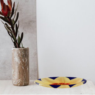 Yellow Dahlia on Blue Floral Trinket Tray