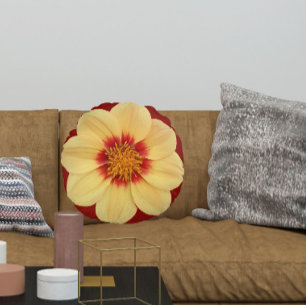 Yellow Dahlia on Brick Red Floral Round Pillow