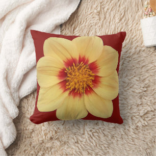Yellow Dahlia on Brick Red Floral Throw Pillow