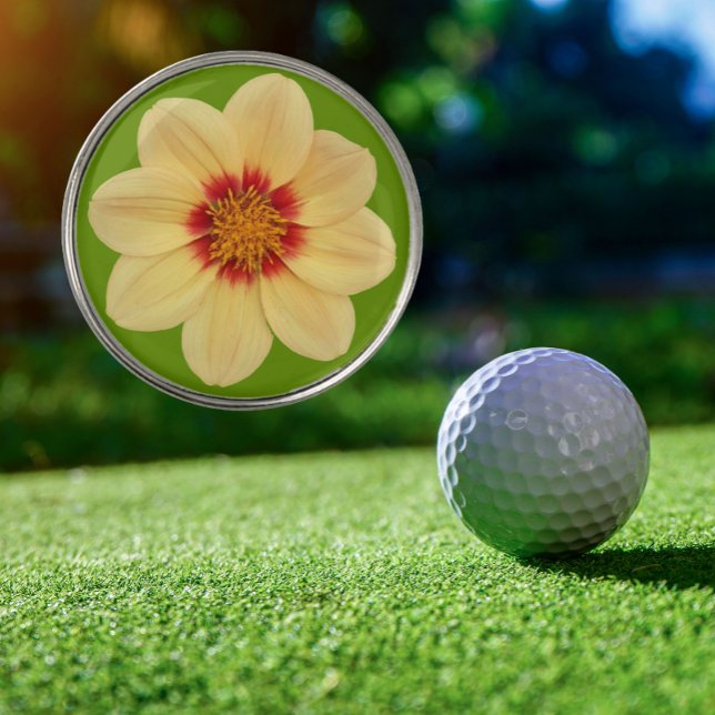 Yellow Dahlia on Green Floral Golf Ball Marker (In Situ)