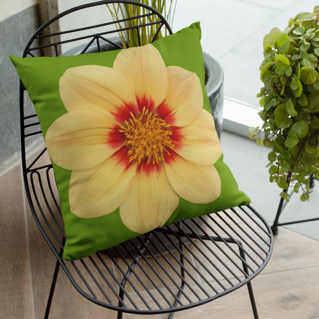 Yellow Dahlia on Green Floral Outdoor Pillow (In Situ Patio)