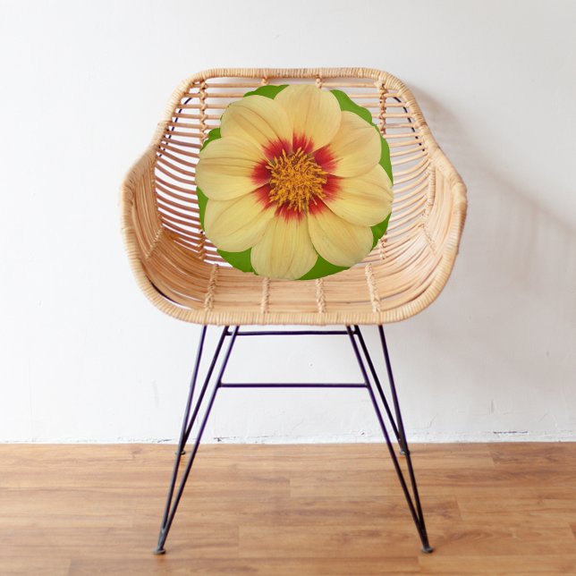 Yellow Dahlia on Green Floral Round Pillow (In Situ)