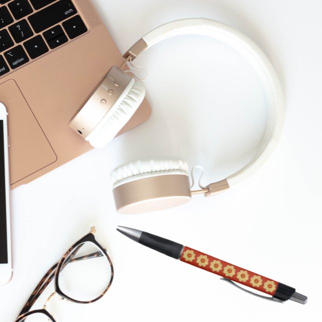 Yellow Dahlia on Red Floral Pattern Pen (In Situ)