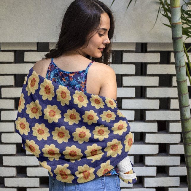 Yellow Dahlia Pattern on Blue Floral Beach Towel (In Situ (On Person))