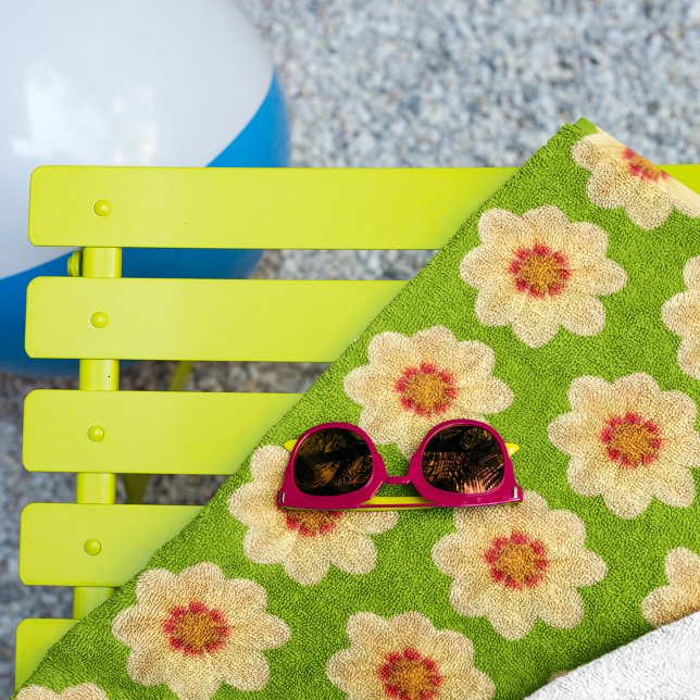 Yellow Dahlia Pattern on Green Floral Beach Towel (In Situ Beach)