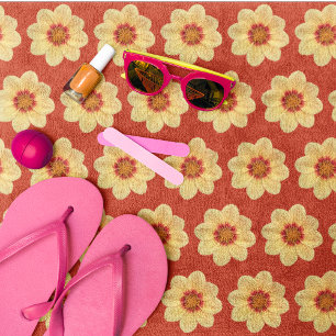 Yellow Dahlia Pattern on Red Floral Beach Towel