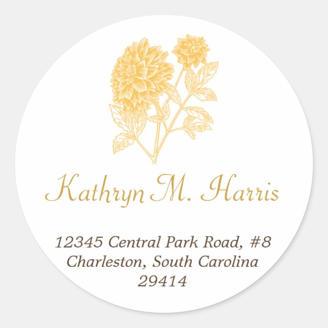 Yellow dahlia simple elegance circle address label (Front)