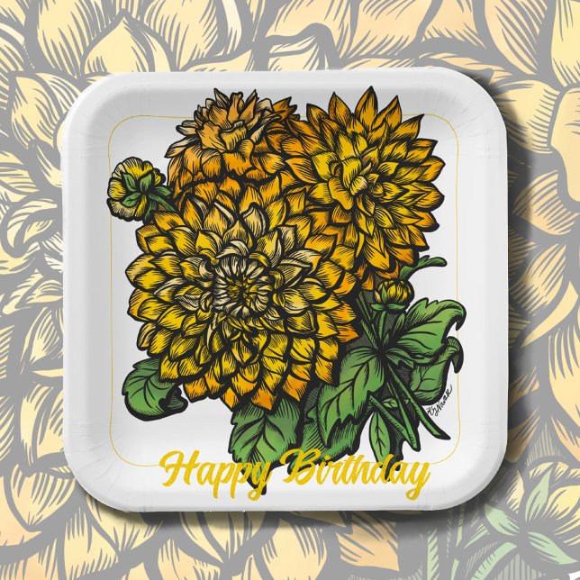 Yellow Dahlias Floral  Paper Plates (Creator Uploaded)