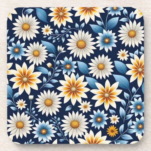 Yellow Daisies and Blue Flower Pattern Beverage Coaster