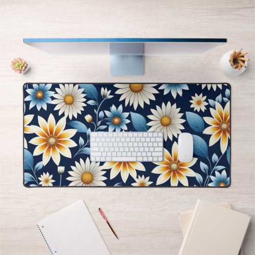 Yellow Daisies and Blue Flower Pattern Desk Mat