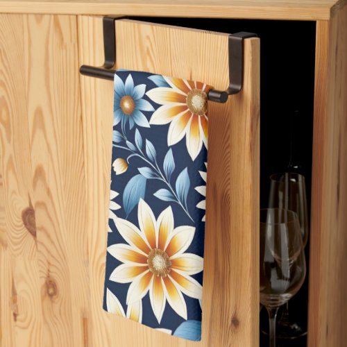 Yellow Daisies and Blue Flower Pattern Kitchen Towel