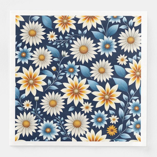 Yellow Daisies and Blue Flower Pattern Paper Dinner Napkins (Front)