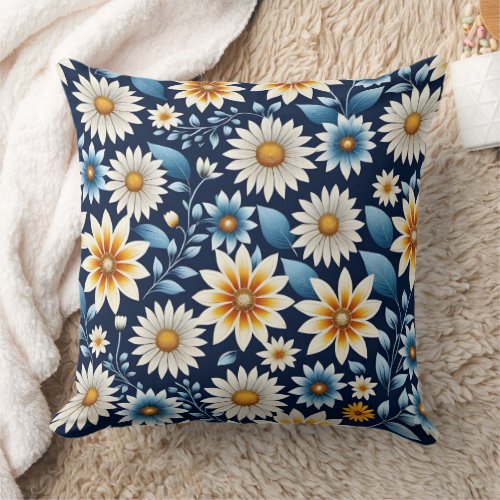 Yellow Daisies and Blue Flower Pattern Throw Pillow