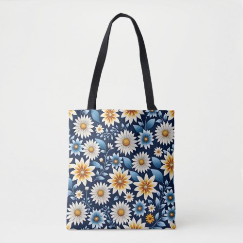 Yellow Daisies and Blue Flower Pattern Tote Bag