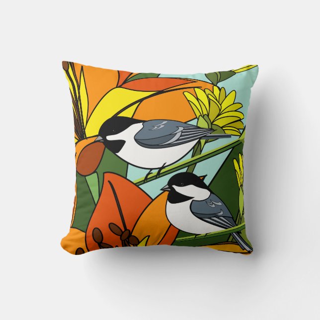 Yellow Daisies and Chickadees Throw Pillow (Front)