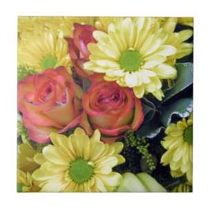 Yellow Daisies and Red Roses Ceramic Tile