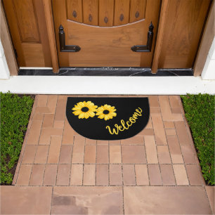 Yellow Daisies and Welcome on Black Background Doormat