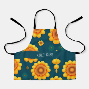 Yellow Daisies Blue Background Botanical Pattern Apron
