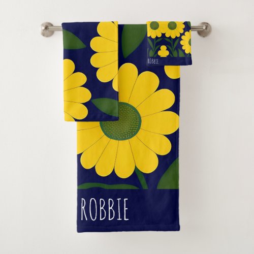 Yellow Daisies Blue Background Floral Pattern Bath Towel Set