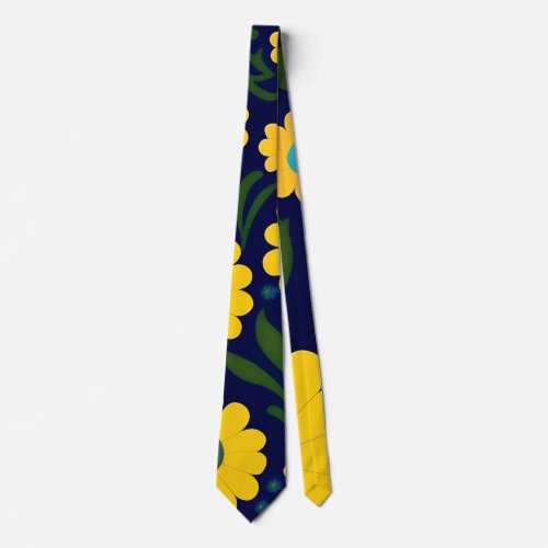 Yellow Daisies Blue Background Floral Pattern Neck Tie