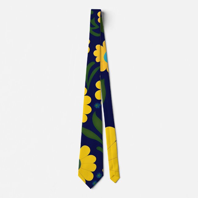 Yellow Daisies Blue Background Floral Pattern Neck Tie (Front)