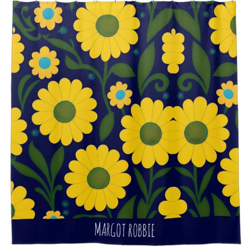 Yellow Daisies Blue Background Floral Pattern Shower Curtain