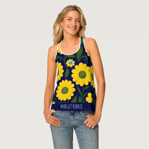 Yellow Daisies Blue Background Floral Pattern Tank Top