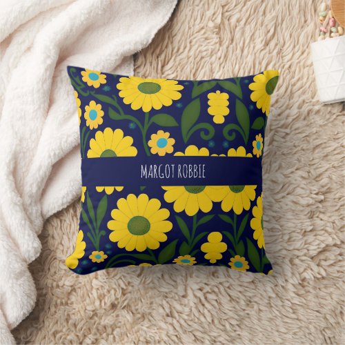 Yellow Daisies Blue Background Floral Pattern Throw Pillow