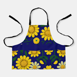 Yellow Daisies Blue Floral Watercolor Pattern Apron