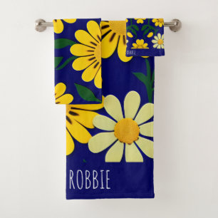 Yellow Daisies Blue Floral Watercolor Pattern Bath Towel Set