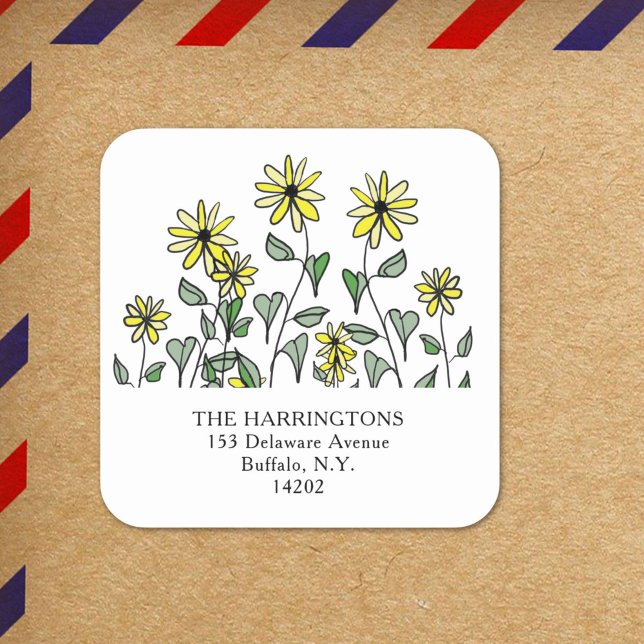 Yellow Daisies Boho Cute Wildflower Return Address Square Sticker (This hand-illustrated cottage style label features sunny yellow wildflowers and soft green leaves.)