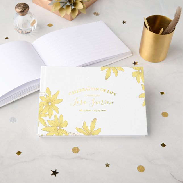 Yellow Daisies Celebration of Life Memorial Foil Guest Book (Front Open)