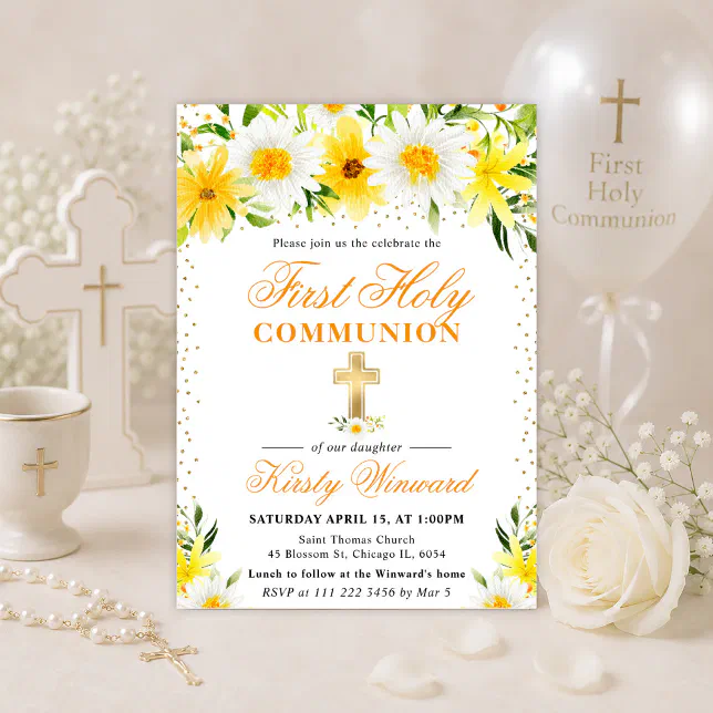 Yellow Daisies Flowers First Holy Communion Invitation | Zazzle