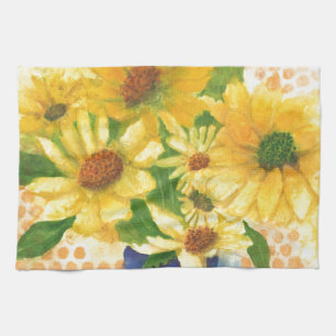 yellow daisies in blue vase kitchen towel