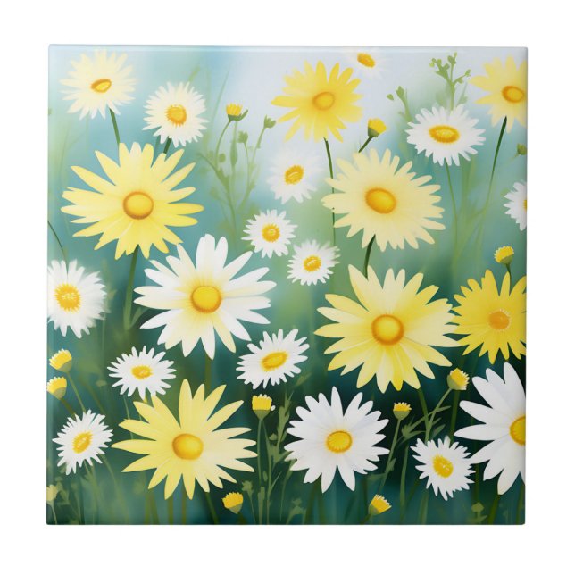 Yellow Daisies Meadow Watercolor Ceramic Tile (Front)