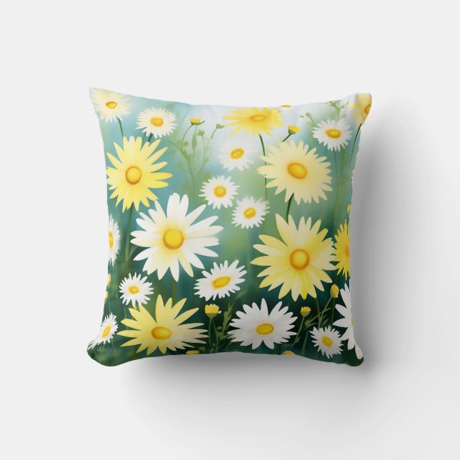 Yellow Daisies Meadow Watercolor Throw Pillow (Front)