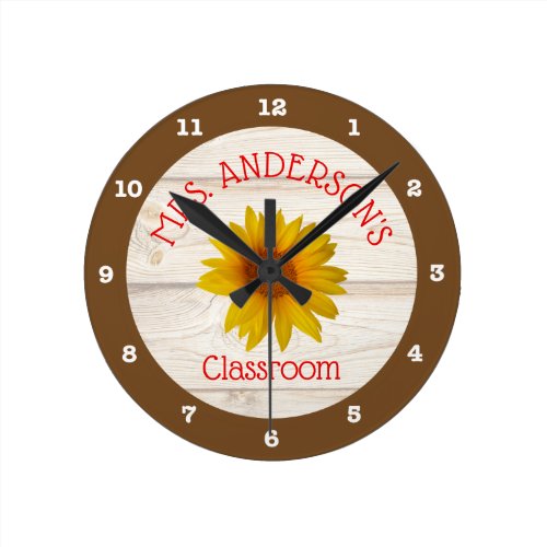 Yellow Daisies on Rustic Shiplap | Classroom Round Clock