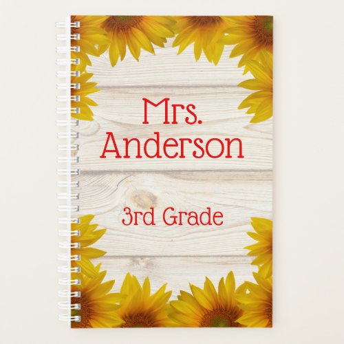 Yellow Daisies on Shiplap | Teacher Planner - The design on this planner features a rustic farmhouse theme with yellow daisies and a shiplap background. Red custom text allows you to add the teacher's name and grade. This make a great addition to any classroom.