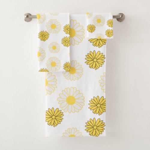 Yellow Daisies Pattern in White Bath Towel Set