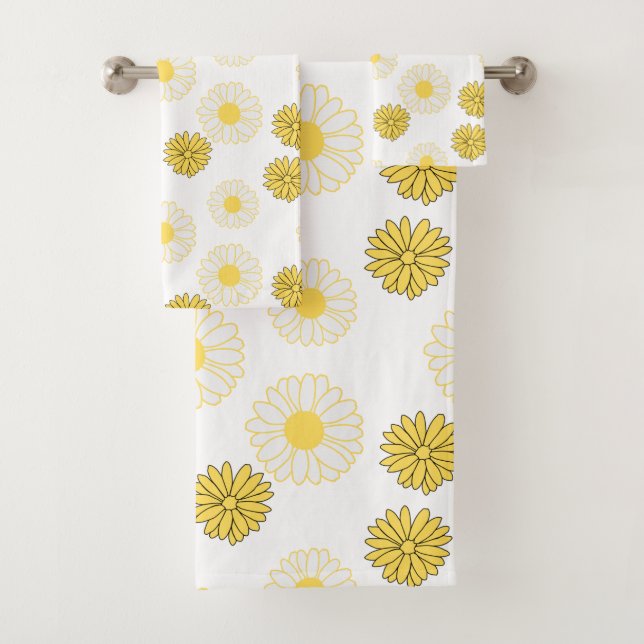 Yellow Daisies Pattern in White Bath Towel Set (Insitu)