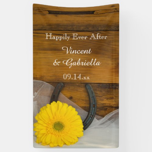 Yellow Daisy and Horseshoe Country Western Wedding Banner