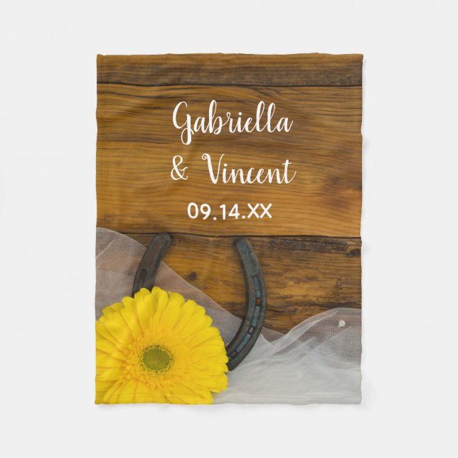 Yellow Daisy and Horseshoe Country Western Wedding Fleece Blanket (Front)