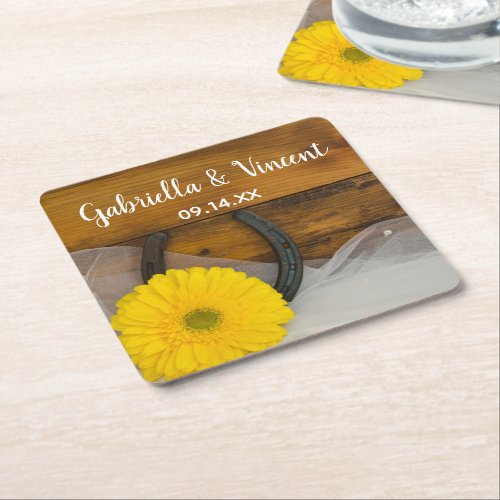 Yellow Daisy and Horseshoe Country Western Wedding Square Paper Coaster