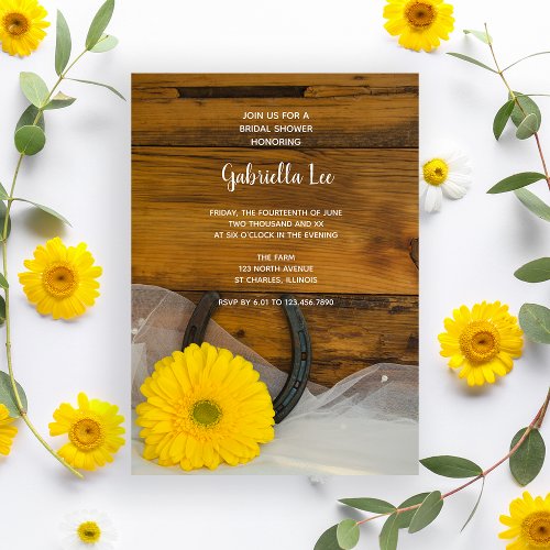 Yellow Daisy and Horseshoe Country Bridal Shower Custom Invites