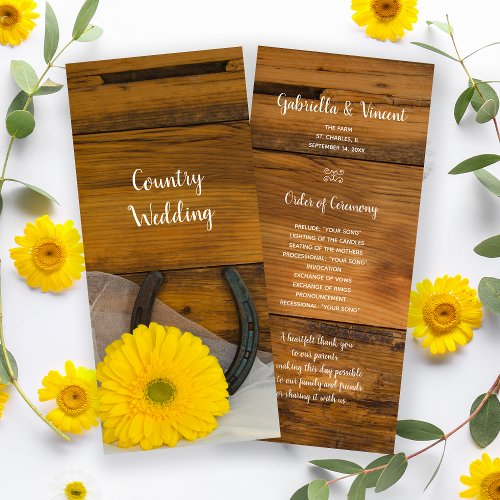 Yellow Daisy and Horseshoe Western Wedding Program