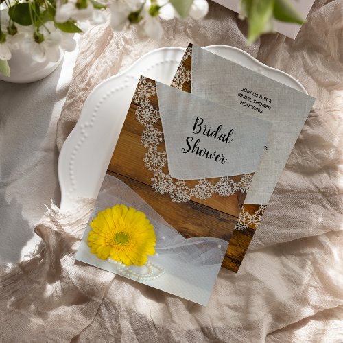 Yellow Daisy and Lace Country Barn Bridal Shower Invitation