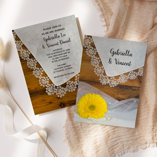 Yellow Daisy and Lace Country Barn Wedding Invitation